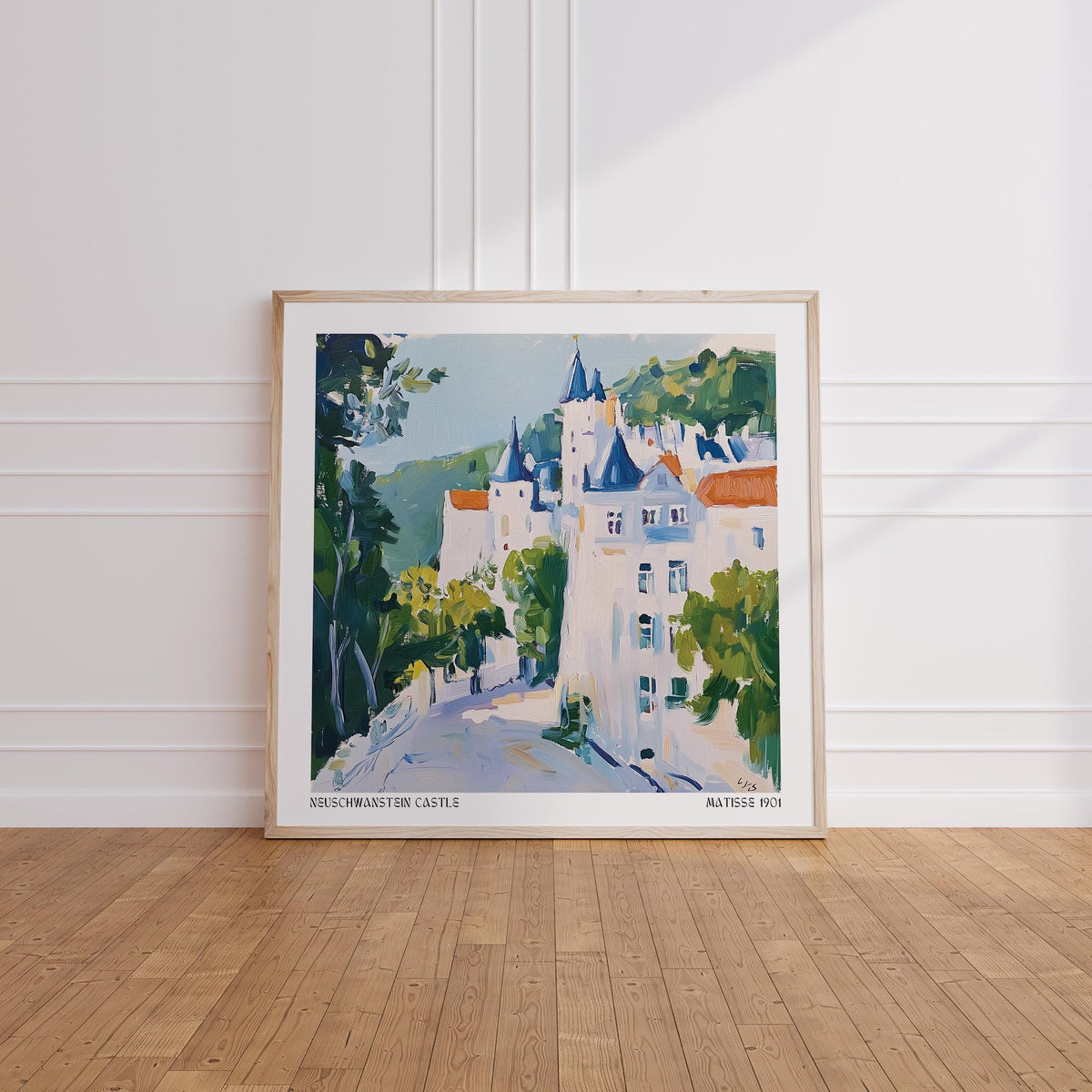 Castle path and towers painted in soft tones in medieval castle art.