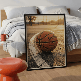 Detail of court stripe and scuffed basketball under sunlight