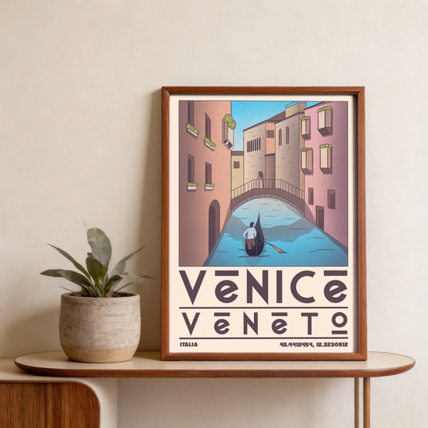 Typography-focused poster print reading Venice Veneto with Italia and coordinates