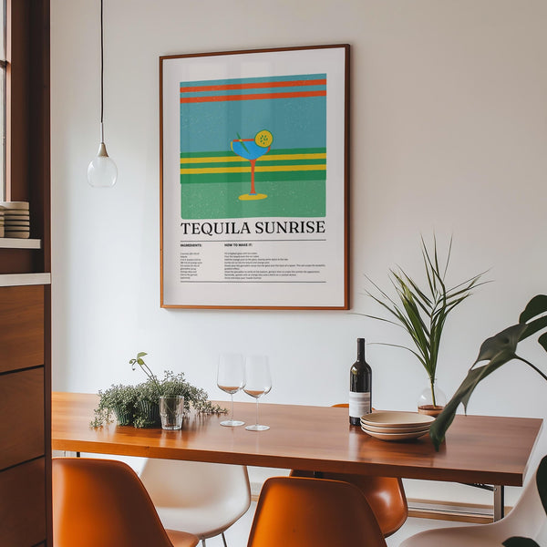 Tequila Sunrise recipe poster with orange and green layered background.