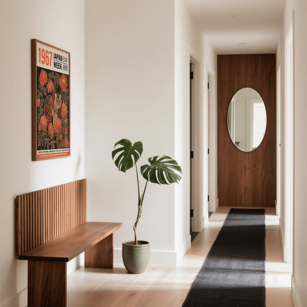 Japan Week Vintage Asian Wall Art framed above bench in hallway