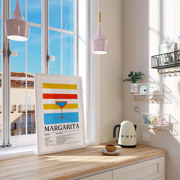 Modern retro drink print with a Margarita glass and colorful backdrop.