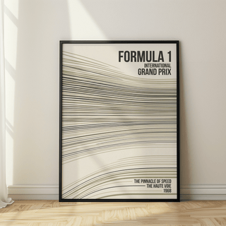 Framed print showing curved speed lines beneath bold International Grand Prix text