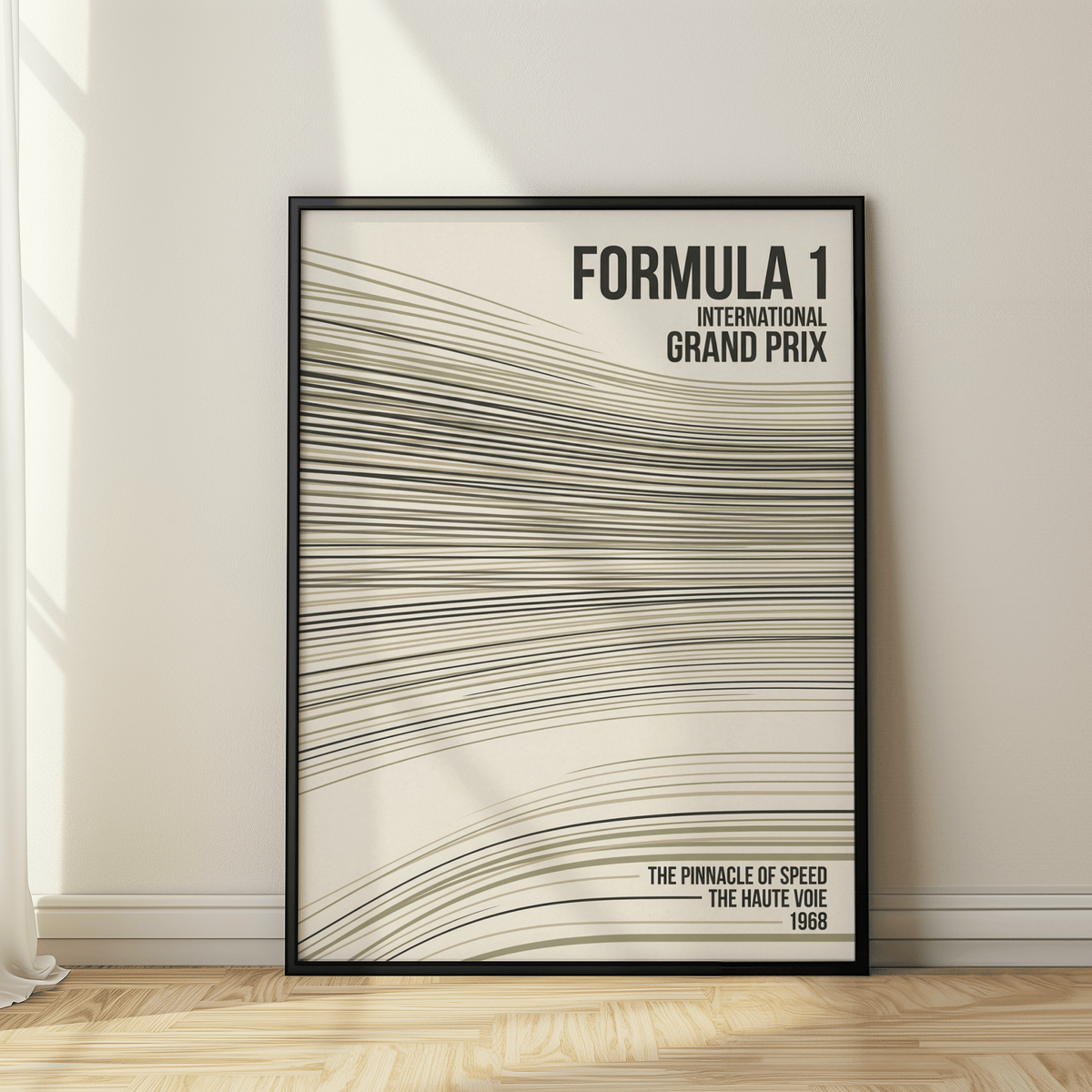 Framed print showing curved speed lines beneath bold International Grand Prix text