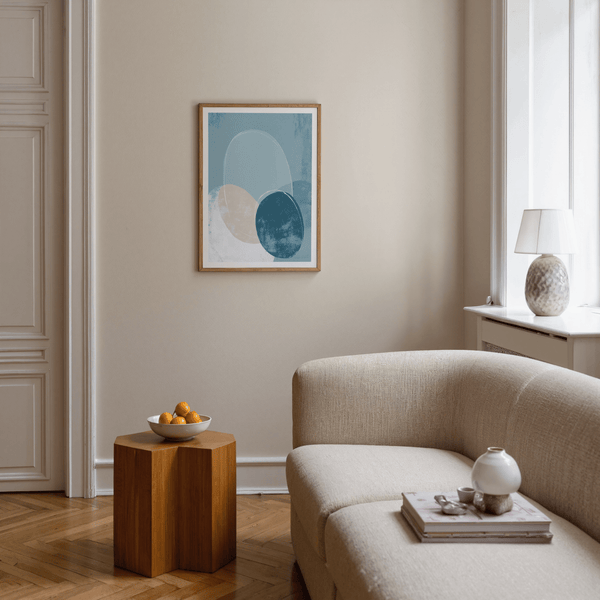 Geometric Circle Poster wall art with layered Blue Beige and White shapes