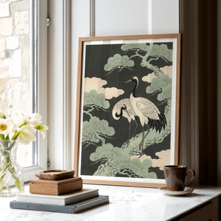 Japanese Crane Art Print featuring black, green, beige, and yellow for study walls