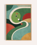 Abstract golf green wall art poster with flag, cup, and curved fairway shapes