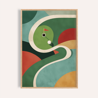 Framed close-up of geometric golf art print showing abstract curves in green and orange tones