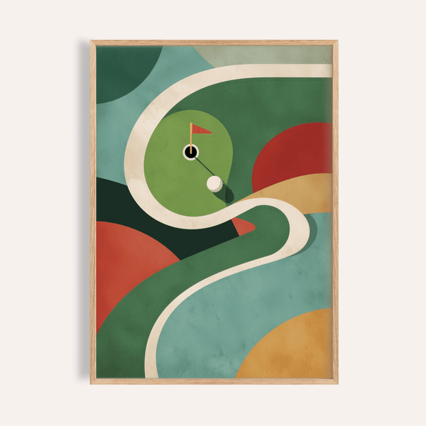 Abstract golf green wall art poster with flag, cup, and curved fairway shapes