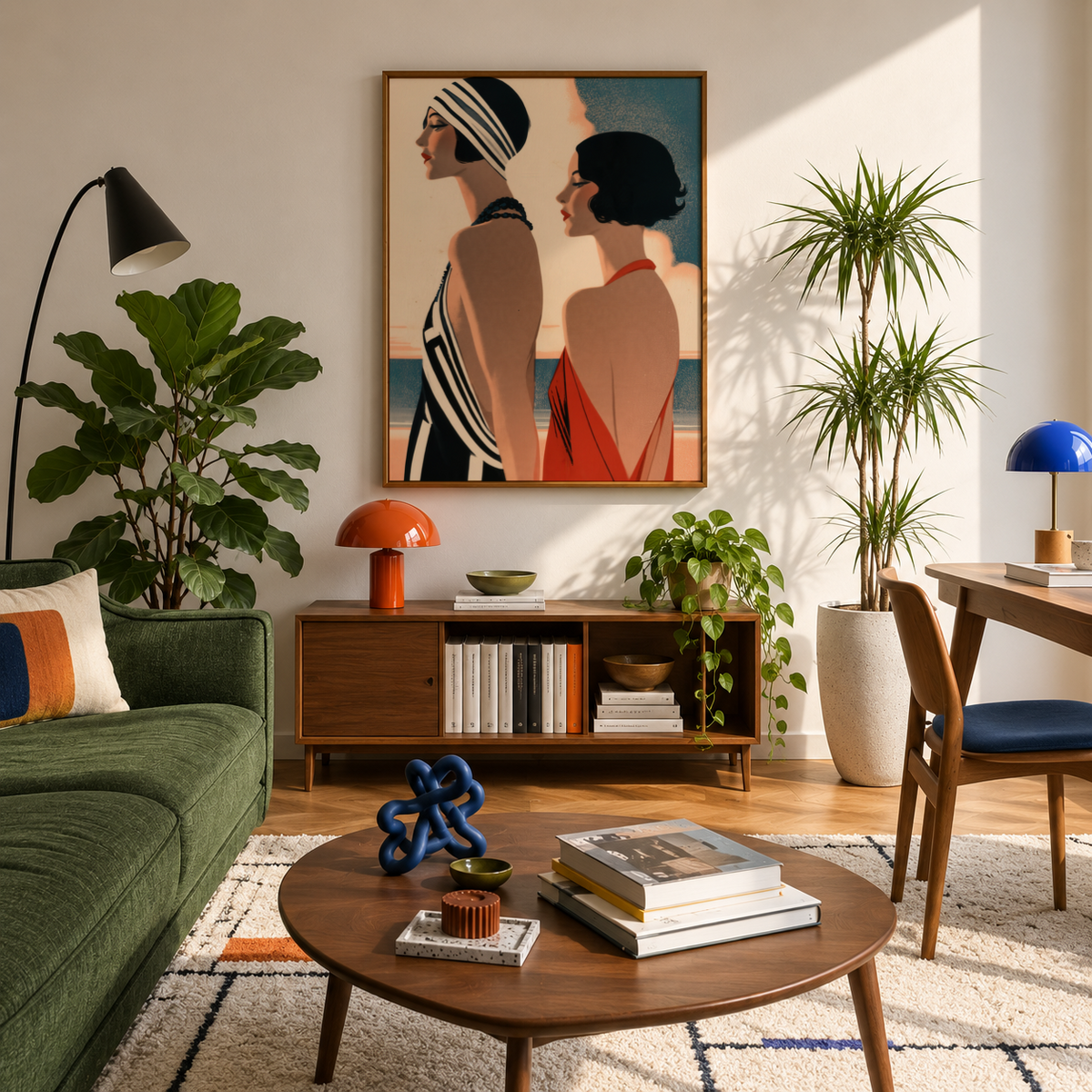 Full-length wall poster print featuring two elegant profile figures against sea and sky bands