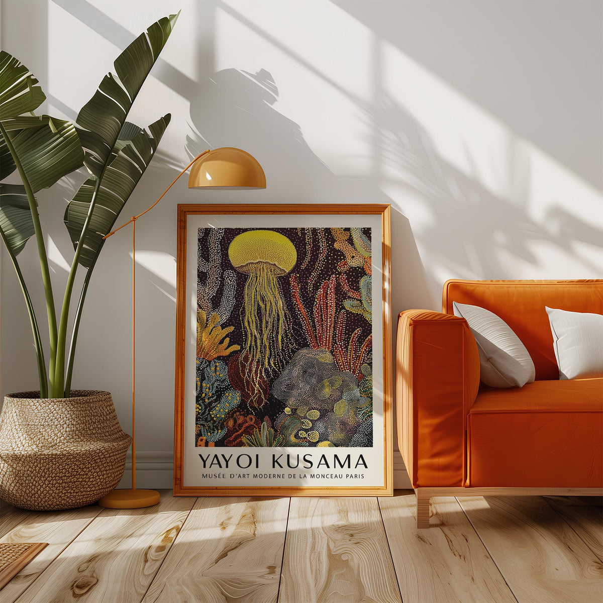 Jellyfish poster surrounded by coral shapes in yellow, orange, and white.