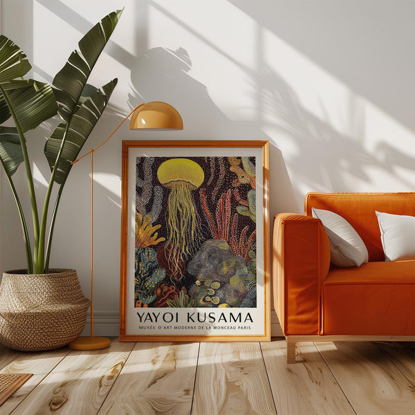 Jellyfish poster surrounded by coral shapes in yellow, orange, and white.