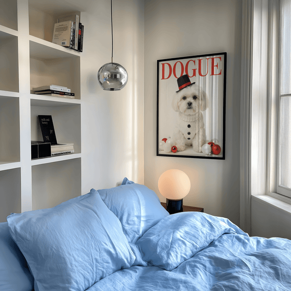 Christmas Shih Tzu Poster with playful dog, red, white for nursery wall