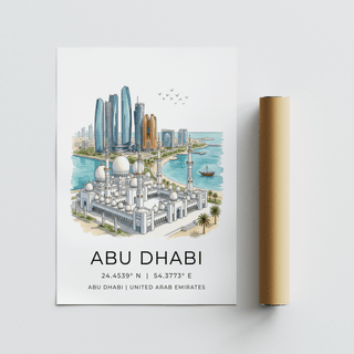 Architectural sketch of mosque courtyard framed by palm trees and glass buildings
