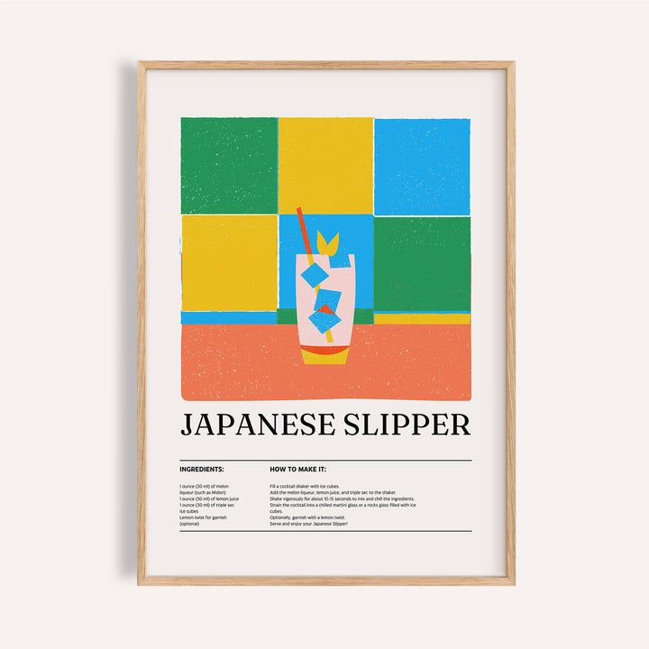 Japanese Slipper trendy wall art with green, blue, and yellow tile blocks


