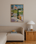 Painterly golf wall art showing flag marked 19, clouded sky, and drinks on a sunlit table setting