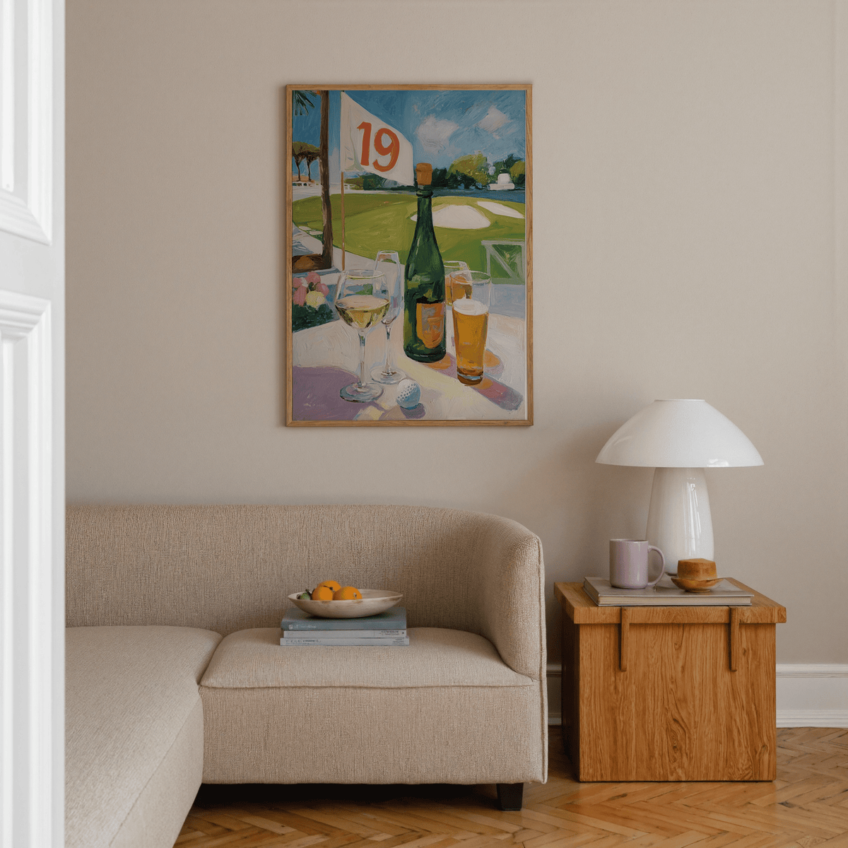 Painterly golf wall art showing flag marked 19, clouded sky, and drinks on a sunlit table setting