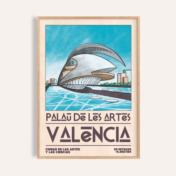 Architectural poster of Palau de Les Arts Valencia with curved roof and water foreground
