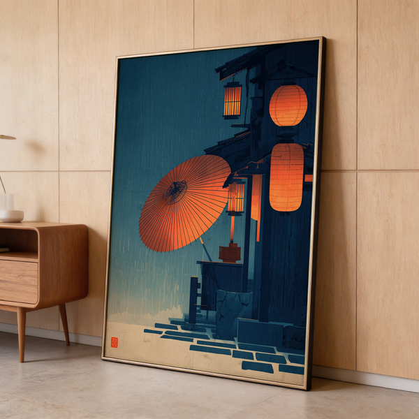 Close view of hanging lanterns poster on dark wooden building in rain