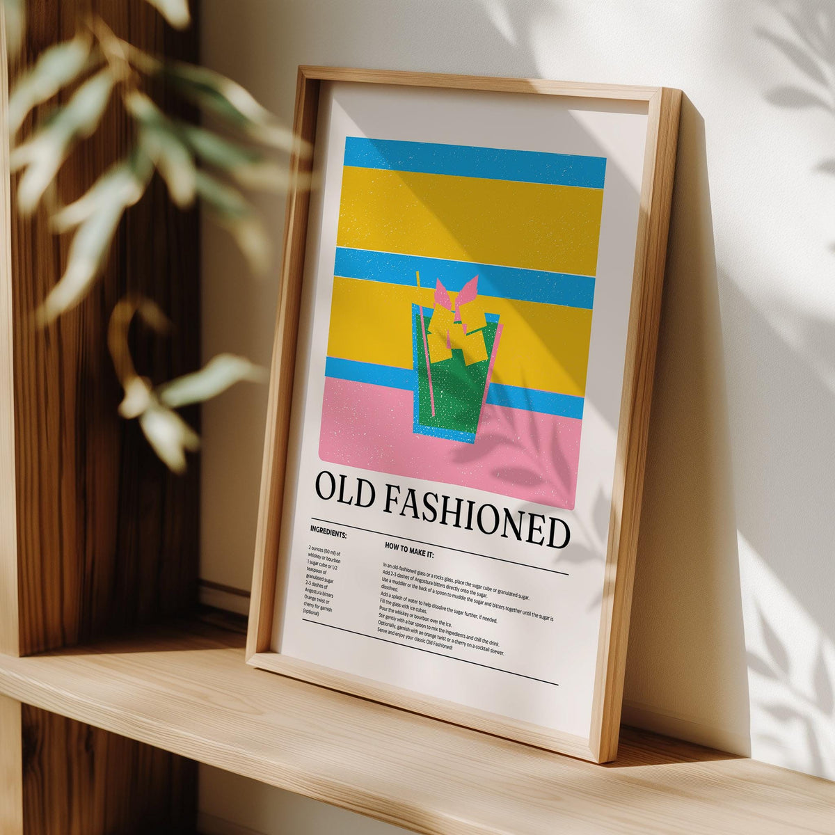 Modern bar decor featuring Old Fashioned cocktail print.