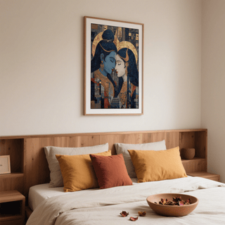 Ornamental mosaic poster print depicting a serene couple with closed eyes and patterned geometric background