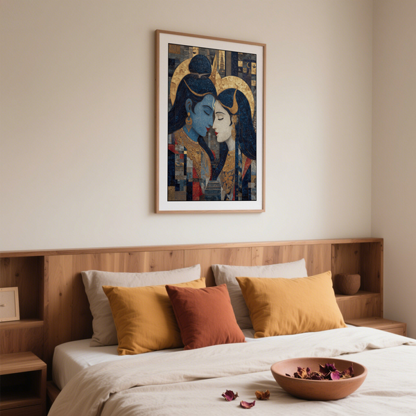 Ornamental mosaic poster print depicting a serene couple with closed eyes and patterned geometric background