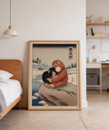 Vintage-style primate cuddle scene rendered in muted brown and blue