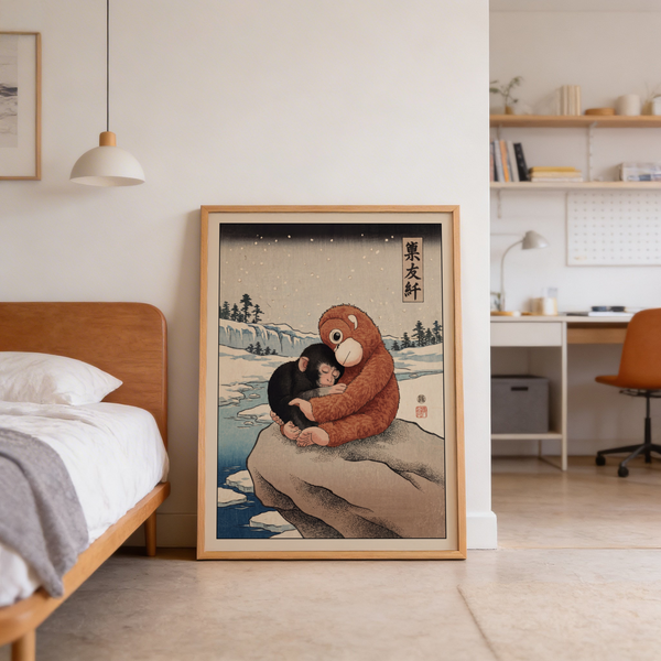 Vintage-style primate cuddle scene rendered in muted brown and blue