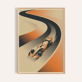 Framed close-up of formula racing art print with orange and beige minimalist illustration