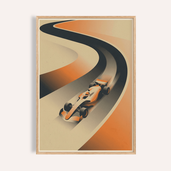 Angled open-wheel race car poster on sweeping S-curve track, Formula Racing Art Print