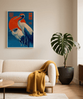Cranes Art Print design highlighting Red and Blue tones, bedroom poster