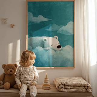 Polar Bear Wall Art featuring blue skies and white clouds for kids room wall art