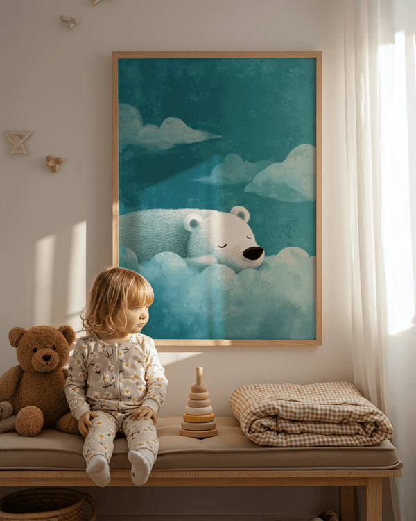 Polar Bear Wall Art featuring blue skies and white clouds for kids room wall art