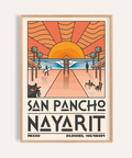 Sunset beach travel poster with pier, palm trees, and silhouettes, San Pancho Nayarit Print