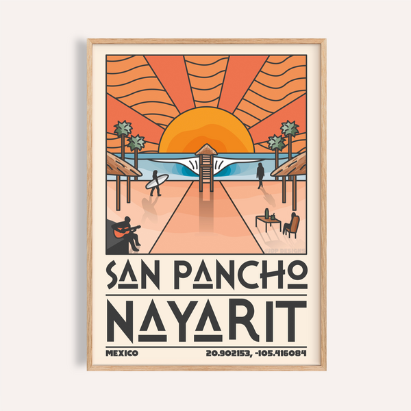 Sunset beach travel poster with pier, palm trees, and silhouettes, San Pancho Nayarit Print