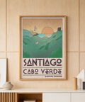 Santiago Cabo Verde Art Print showing lighthouse on a cliff, ocean horizon, and large sun circle