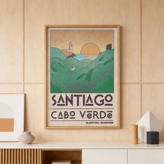 Santiago Cabo Verde Art Print showing lighthouse on a cliff, ocean horizon, and large sun circle