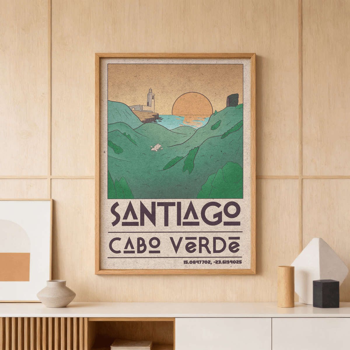 Santiago Cabo Verde Art Print showing lighthouse on a cliff, ocean horizon, and large sun circle