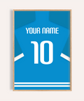 Napoli Football Shirt Poster featuring customizable name and large number 10 in blue and white jersey layout