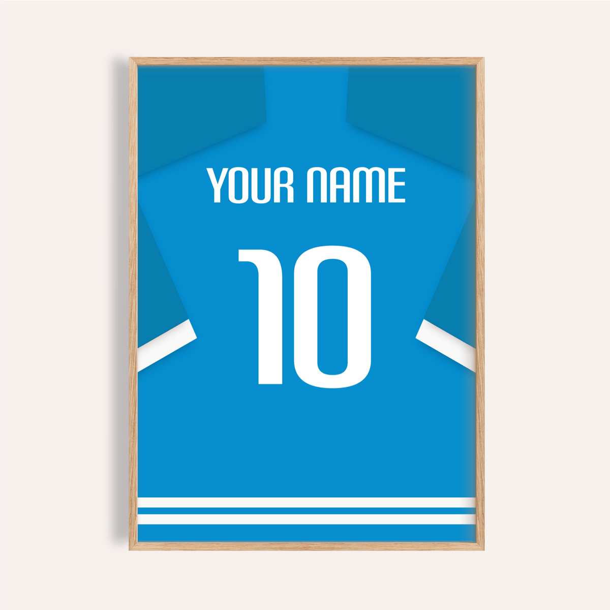 Napoli Football Shirt Poster featuring customizable name and large number 10 in blue and white jersey layout