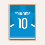 Custom Football Shirt – Bright Blue with White Number — wooden-frame main image