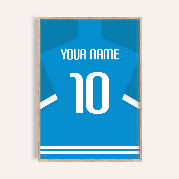 Napoli Football Shirt Poster featuring customizable name and large number 10 in blue and white jersey layout