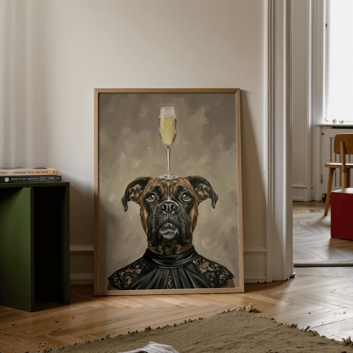 Boxer Dog Print wall art with champagne, black, brown, beige hues