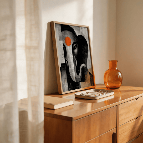 Close-up of Abstract Ganesh Wall Art print with almond-shaped eye, circular forehead mark, and textured grain