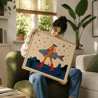 Surrealist Fish Art Print wall art of a figure in boots carrying a big fish under a starry sky