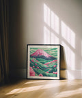 Contemporary Mount Fuji poster with cherry blossoms.