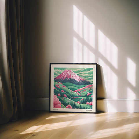 Contemporary Mount Fuji poster with cherry blossoms.