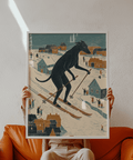 Skiing Dog Art Print, featuring Black and Beige, perfect for office art print