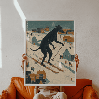 Skiing Dog Art Print, featuring Black and Beige, perfect for office art print