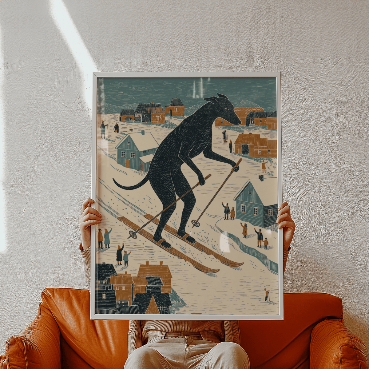 Skiing Dog Art Print, featuring Black and Beige, perfect for office art print